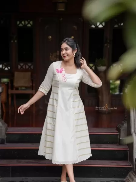 Kerala cotton A-line dress with the combination of hand painting and floral  appliqu