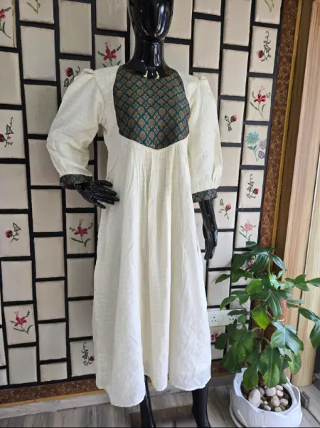 Creamy White and Green combination rayon cotton A-line dress kurthi