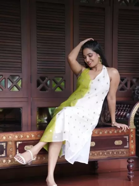 Green and White combination malai chanderi dress